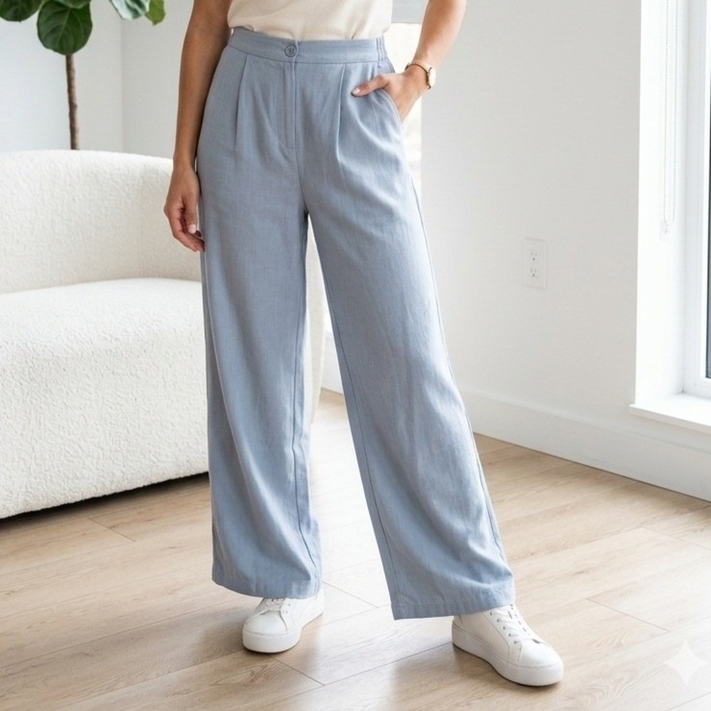Cider Blue Linen Blend Wide Leg Pleated Trousers High Waist Pants size small